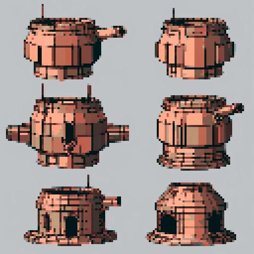 I want a copper structure reminiscent of the base of a gun turret, seen from a head on two dimensional perspective. The design should be relatively simple. I also want this object usable as an asset in a videogame, meaning only one object per image, outlined with a strong black stroke, on a solid-color background.