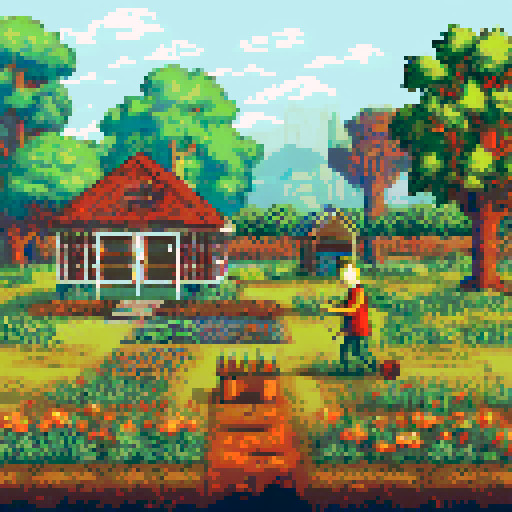 small apiary, beekeeper tending hive, isometric style, sRGB, pixel art, English countryside, vibrant colors, lush landscape, buzzing bees, quaint wooden hives, dappled sunlight, blooming wildflowers, rolling hills, thatched roof cottage, idyllic scenery, peaceful ambiance