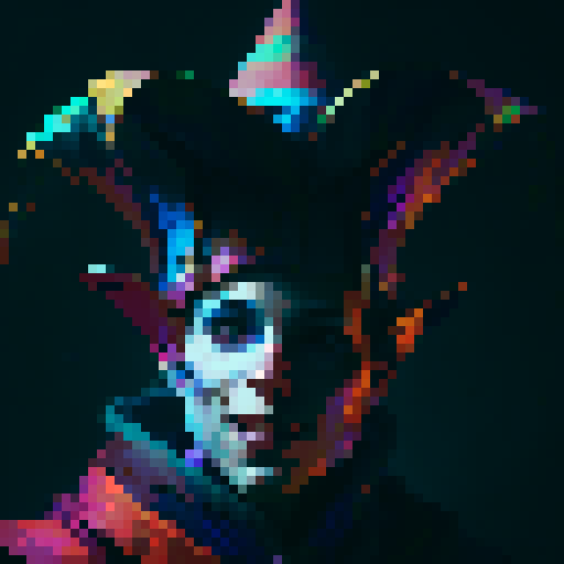 jester, vibrant colors, elaborate costume, mischievous expression, medieval backdrop