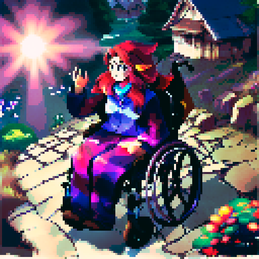 Wheelchair bound, vibrant sunset, rolling hills, serene lake, towering trees, peaceful meadow, majestic mountains