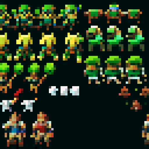 overhead view movement sprite sheet for a ranger in a rpg game serious and detailed with walking in all directions up down left right im using this in asprite