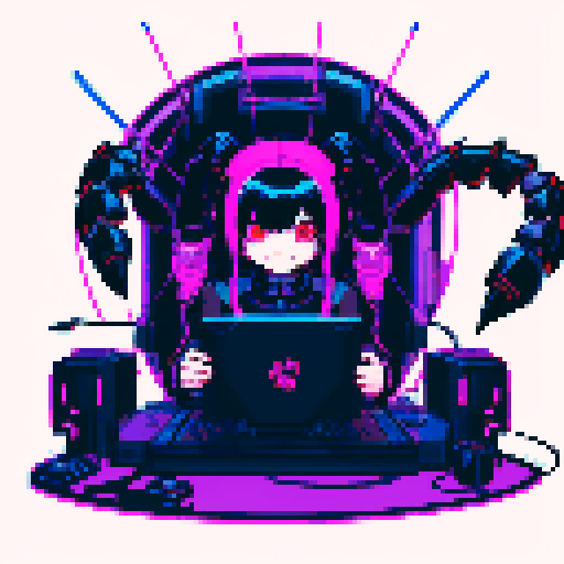 cute cyberpunk scorpion with human head, human head is anime inspired with vibrant hair, expressive eyes, and a playful smile, scorpion is playing computer games, tables with potato chips and coca cola, scorpion's tail should be fully in the picture