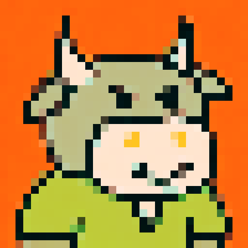 A pixel art portrait of a bull with a neutral expression, featuring a minimalist design with light skin tone, solid colors, Set against a solid orange background. The style is reminiscent of early video game characters, with a square aspect ratio.