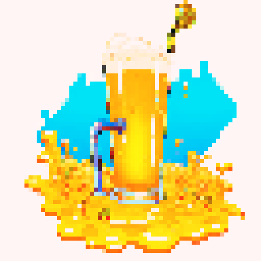 beer foam overflowing, frothy bubbles, golden amber liquid, carbonation bubbles, transparent glass, wooden tap handle, shiny metal tap, retro arcade game aesthetic, vibrant pixel art colors, crisp and vibrant sRGB palette