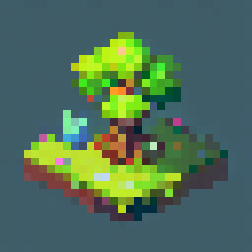 only one big chestnut tree, in the center, green leaves, brown trunk, fantasy top-down RPG with an orthogonal camera, simple pixel art, square plain platform