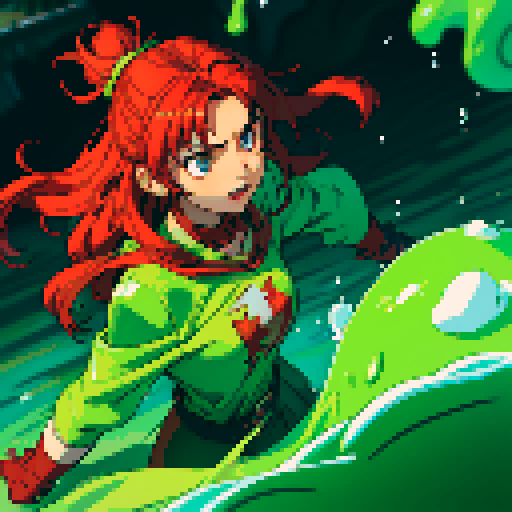 hero sinking into slime, hero drowning in slime, hero has red hair, hero has silver armor