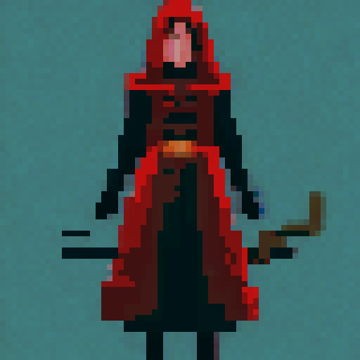 Hooded, mysterious, ancient, powerful, potion-brewing, staff-wielding, spell-casting, dark magic-warlock, wearing flowing robes and a pointed hat, standing full-body in front of a pixelated, mystical, sRGB-colored landscape.