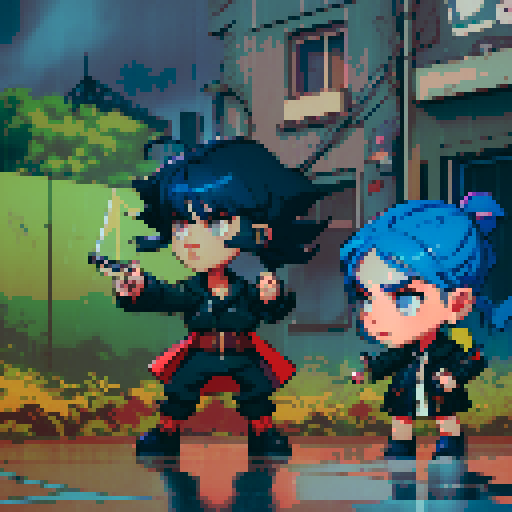 blue haired 90s pop girl on the right is smoking a cigarette, and the man on the left with black hair is holding a gun, night time rainy oldtime villag, grim