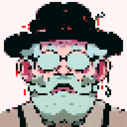 Fisherman grandpa, weathered face, wrinkled skin, salt and pepper beard, intense gaze, bushy eyebrows, fishing hat, worn-out fishing vest, suspenders, pipe in mouth, fishing rod in hand, anime-style, pixel art