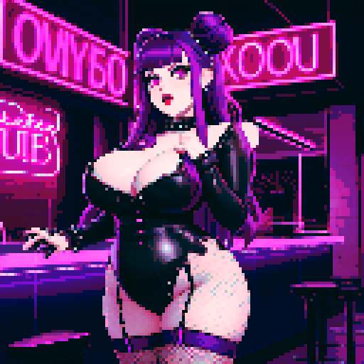 Thicc, curvy, seductive busty goth babe with studded collar, long purple hair in buns, fishnet stockings. aroused nude big titty goth dancing. neon signage, 
 sRGB