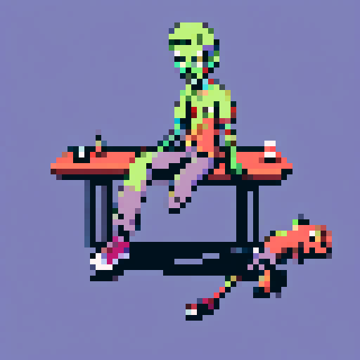 Zombie, detached limbs, pixel art, sRGB, laying on table, looking at camera