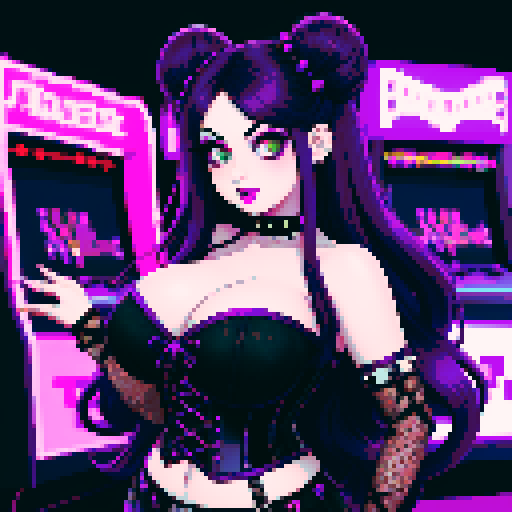 Curvy cute busty goth girl with purple long hair in buns, dark smoky eyes, goth eyeshadow, black studded choker, corset, fishnet stockings, retro arcade game machines, vibrant sRGB colors, pixel art