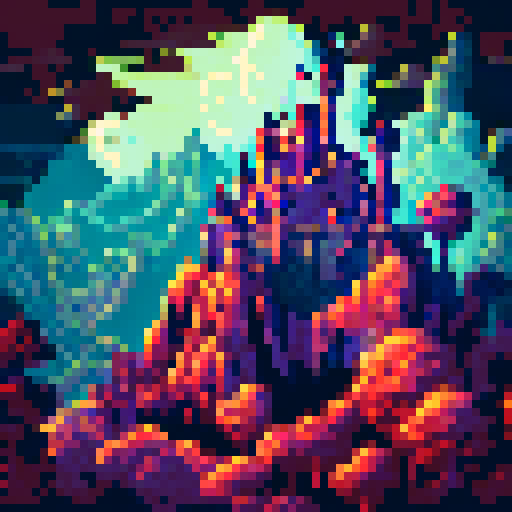 Medieval castle, towering under a dark, ominous sky, surrounded by a misty forest