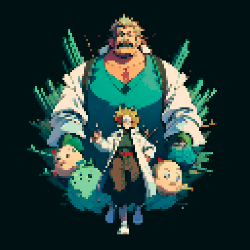 fat mad scientist, full-body image, facing right, giant robot