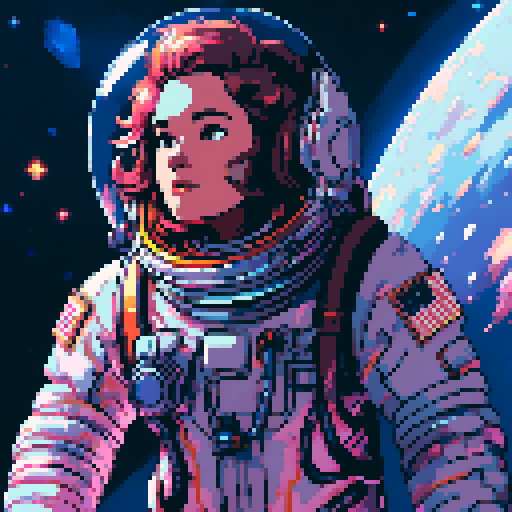 androgynous astronaut, vibrant spacesuit, floating gracefully, starry backdrop, nebula hues, pixelated stars, determined gaze, reflective clear visor, visible face, cosmic energy, self-discovery in space, sRGB, pixel art