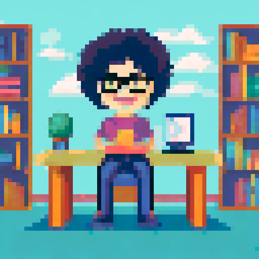 Curly-haired teenboy, glasses on nose, sits on a front-facing table surrounded by a bookshelf landscape , passionately explaining something to me