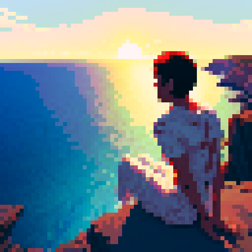 Bloodied man with gauze wrapped all around his body looking slightly down into his hand with his heart in it sitting on the cliffside looking towards the ocean with the sun setting in the distance