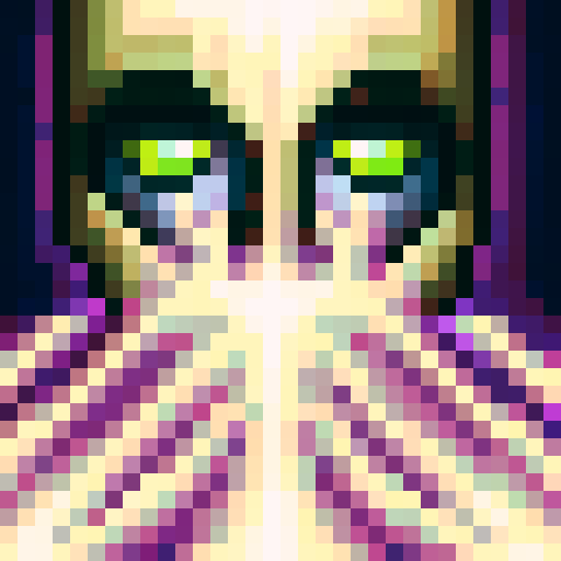 Ninja's piercing eyes stare out from a 32x32 pixel art portrait, their purple turban accentuated with skillful strokes of sRGB shading in a game icon style