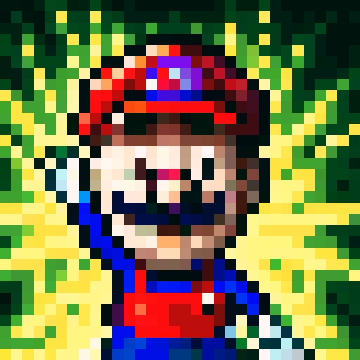 player character, Mario, with bold colors, pixelated details, iconic red hat, blue overalls, white gloves, bushy mustache, wide eyes, determined expression, 32x32 pixel art, sRGB, skillful shading, close-up portrait