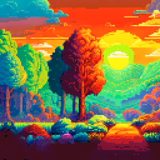 "Orange and pink hues blending seamlessly over the rolling hills of the vast countryside, towering trees marking the edge of a dense forest in the distance, as the sun disappears behind the horizon, casting a warm glow over the pixelated landscape"