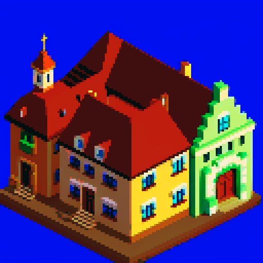 isometric, city building, oldtown, european city, DOS palette