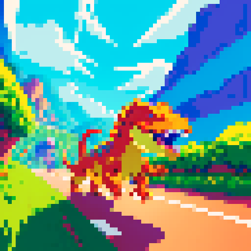 Dinosaur running, vibrant colors, pixelated details, sRGB palette, energetic motion, dynamic perspective, retro gaming vibes