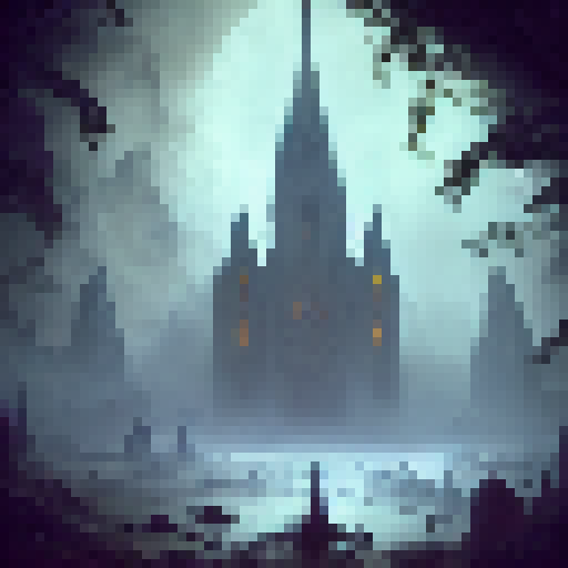 Capture the towering, gothic-style church with its intricate stone carvings, stained glass windows depicting dragons and unicorns, and a moss-covered graveyard full of mysterious tombs and eerie mist, in a whimsical Fantasy RPG art style.