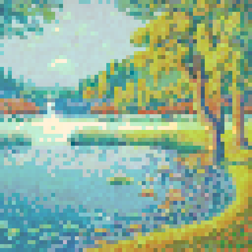 64x64 grid of square pixels, soft, blended colors, subtle, muted tones, calm and serene atmosphere, pointillism, abstract, dotted feel, sRGB, pixel art, background, landscape