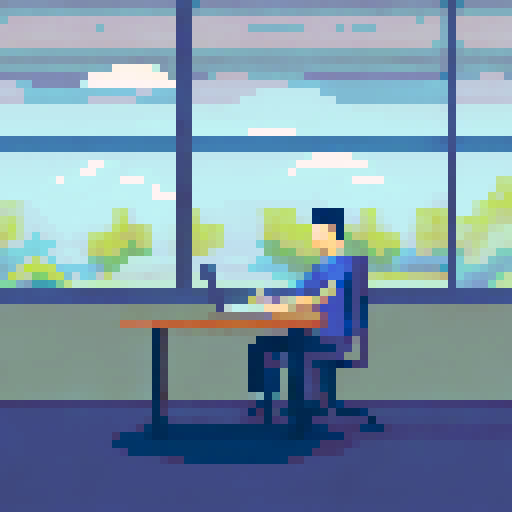 Create a worker sitting on a chair on a computer.