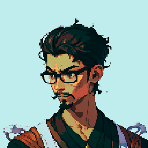 Southeast Asian man, short curly hair, round glasses, tanned, goatee, diamond shaped face, black eyes, age 25, wearing a cloaks