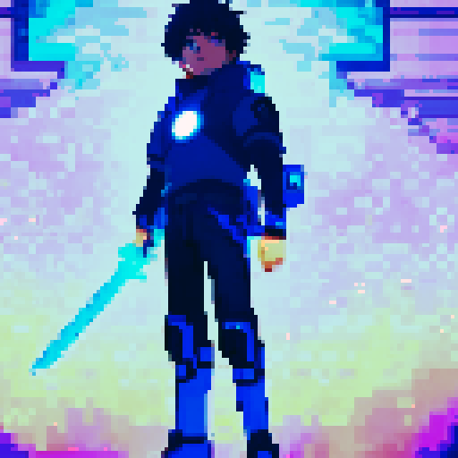 young hero with blue glowing cyber sword shonen with dark hair, astralite, anime game pixel art, A vibrant and colorful RPG-style scene with Super Nintendo graphics, featuring a 16-bit color palette and a resolution of 256x224 pixels, very detailed