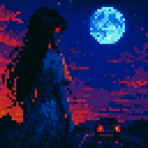 Ghost woman with red eyes, sunset backdrop, facing away, car driving towards moon in the night, anime style, vibrant colors, sRGB, pixel art