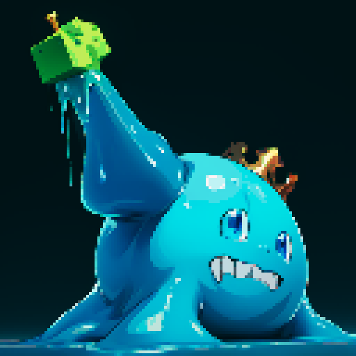 Blue Slime cube, Gelatinous cube, wearing crown, giant Slime, boss fight