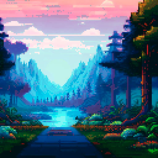 Dark, mysterious forest; moonlit sky; towering trees; raindrops falling; misty mountains; pixelated art; sRGB colors; serene landscape