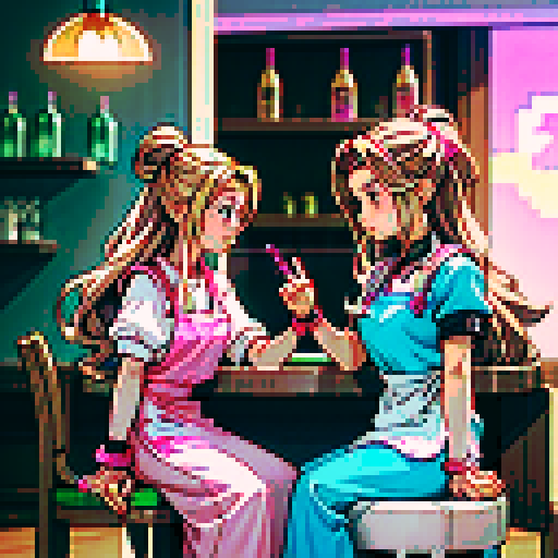 A nail tech with long blonde hair wearing a pink apron and a girl with brown hair sitting and facing each other at a table in a nail salon. Nail polish bottles and UV lamps