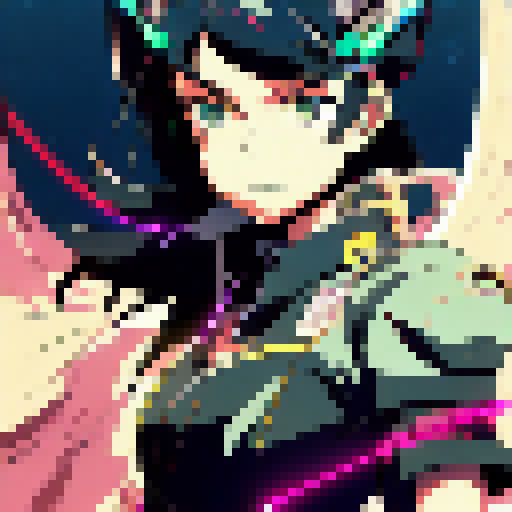 Anime-style Japanese female space pirate flying through a neon-lit asteroid field, wielding a laser sword against a swarm of robotic drones.