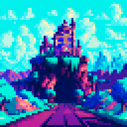 ElonMusk speeding in a sleek electric car, with a majestic castle looming in the background, all rendered in vibrant sRGB pixel art that captures the lush greenery of the surrounding landscape