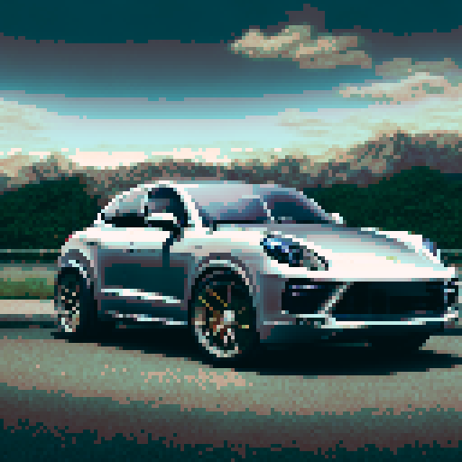 Photorealistic whole Porshe Cayenne, centered, three-quarter view, right front wheel, clean background, sRGB colors, pixel art style