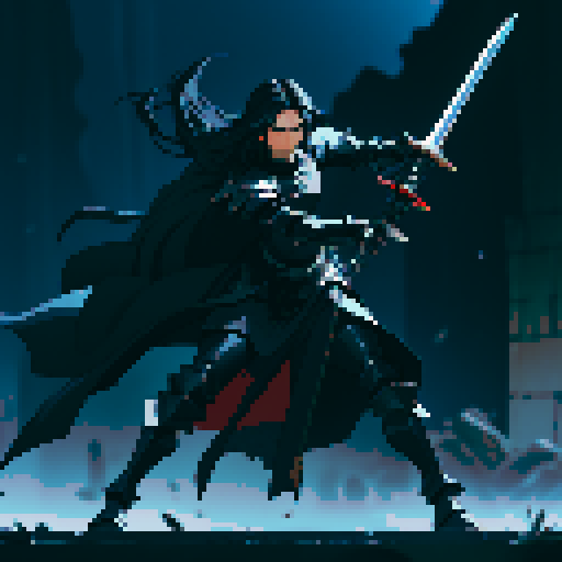 full-body image, male knight, man in black armor, giant sword, long black hair, sexy, male dark knight, giant sword, huge long sword, long hair