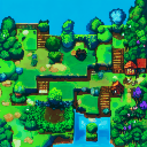 tall vibrant trees, whimsical mushrooms, cozy houses, colorful flowers, pixelated landscapes, enchanting atmosphere, immersive world, nostalgic art style, charming scenery, intricate designs, lively flora and fauna, landscape portrait
