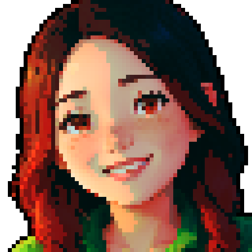 stardew valley-inspired, asian woman, pixel art, sRGB, vibrant colors, rustic backdrop,  dark hair with red streaks, glowing skin, gentle smile, freckles, rosy cheeks