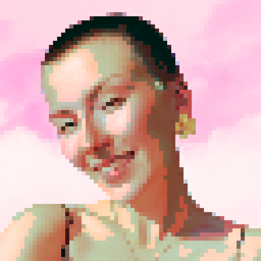 Create an image of a girl with a shaved head on a pink cloudy background Use a 64x64 grid size. 