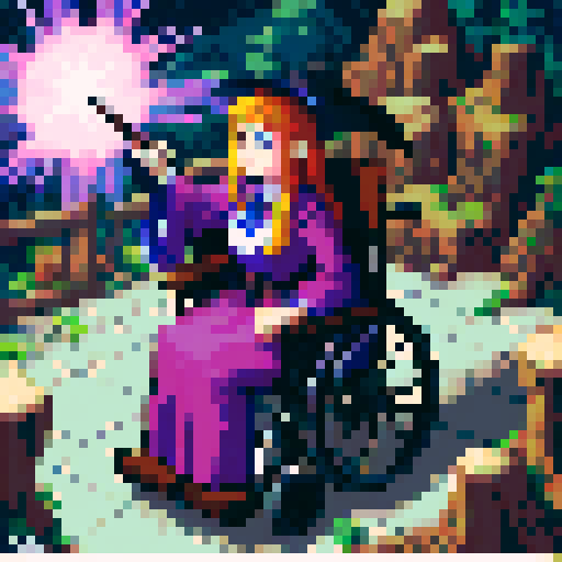 wheelchair bound witch, pixel art, staff, forest, magic, sRGB