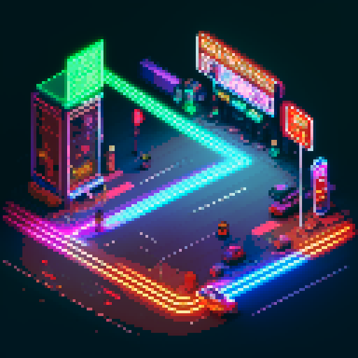 Isometric 2D cyberpunk street scene, vibrant neon lights, futuristic storefronts with glowing neon signs, reflective wet pavement, cybernetic-enhanced pedestrians, high-tech vehicles, mage girl floating in center, serene pose, fusion of mage robes and cyberpunk aesthetics with glowing runes, mystical aura amidst technology, focus on dynamic lighting and detailed environment