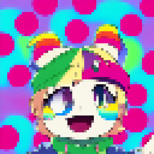 "Helene Boudreau, with mischievous eyes, drops a glittering, rainbow gummy bear onto a startled Luigi, both rendered in a vibrant, colorful, and whimsical anime style."