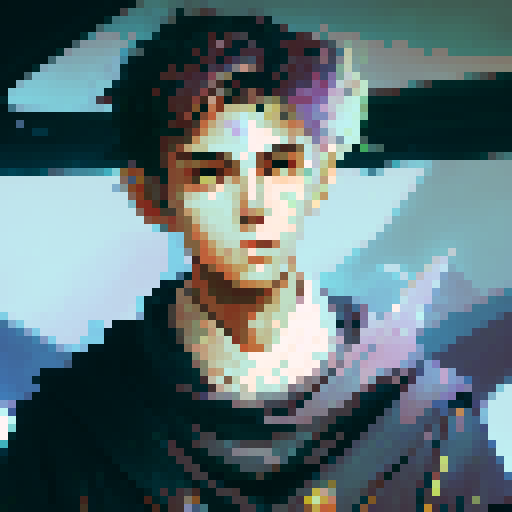 Big-eyed anime boy with pointed ears and a long, flowing cloak, surrounded by glowing, rune-covered crystals and wielding a magical sword, ready to embark on a perilous quest through a mystical, enchanted forest