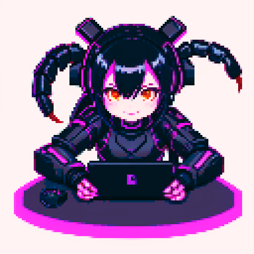 cute cyberpunk scorpion with human head, human head is anime inspired with vibrant hair, expressive eyes, and a playful smile, scorpion is playing computer games, tables with potato chips and coca cola, scorpion's tail should be fully in the picture
