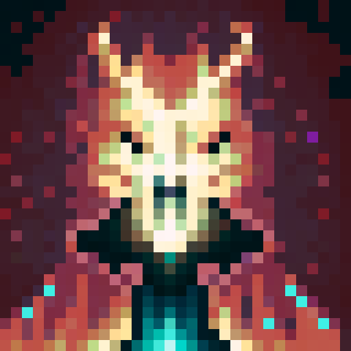 Fierce warrior with glowing blue eyes, sharp horns, and flowing red hair, rendered in a skillful pixel art style, framed in a close-up portrait perfect for a game icon