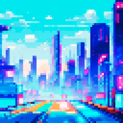 Cyberpunk tower looming over a highway, neon lights reflecting on the asphalt, a glowing sign on the building, all set against a pixel art landscape in sRGB colors