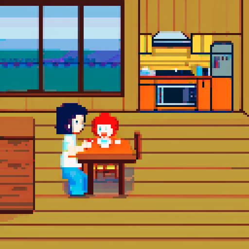 Cabin interior, table, kitchen, mother and son